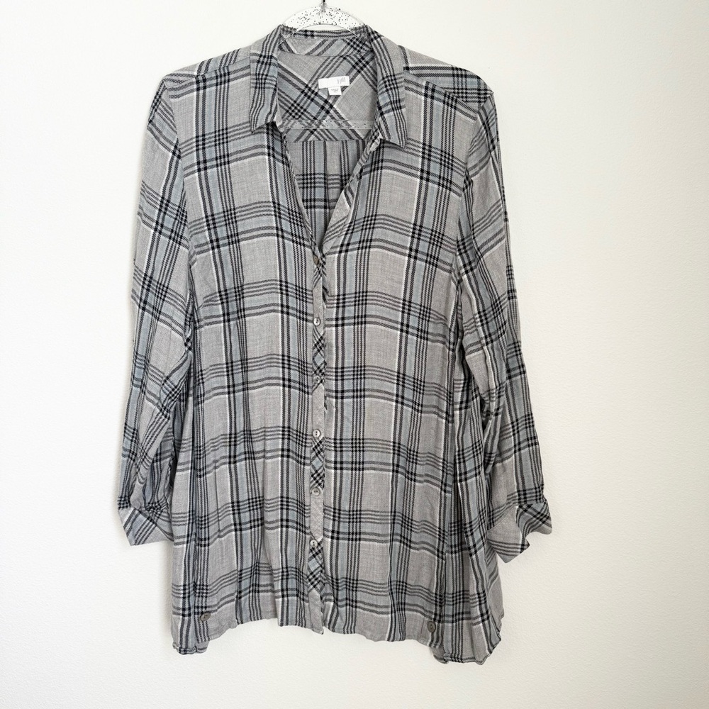 J. Jill Blouse Shirt Plaid Button Front Lightweight Gray Buttons Side Hem Sz XL